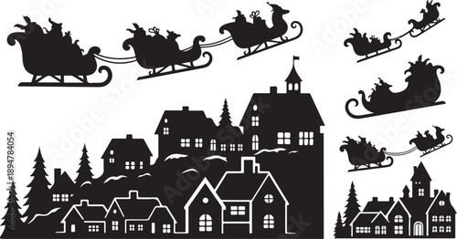 Santa Claus Sleighs Flying Over a Snowy Village Town