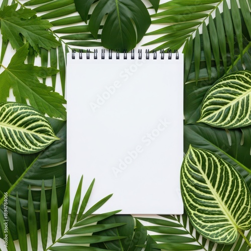 Blank paper surrounded by green leaves