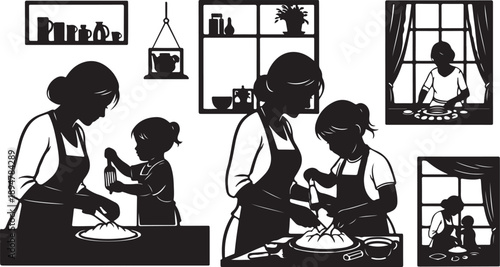 Family Cooking Together in Kitchen Silhouette Vector Illustration Design