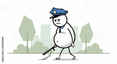 Sad Fat Stick Figure Police Officer Walking with Baton.