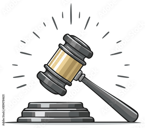 Justice gavel striking sound block with radiating lines symbolizing decision making and legal proceedings