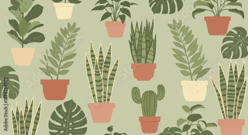 Collection of various potted houseplants in terracotta and cream pots.