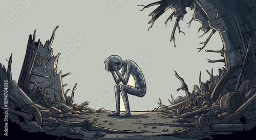 Sad Person Sitting Alone in Destroyed Forest.