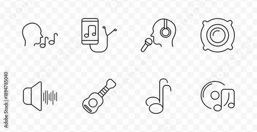 Music set icon. Singing face, device with music cable, singer with headphones, speaker, sound wave, guitar, note, vinyl with notes, all in audio visual style.