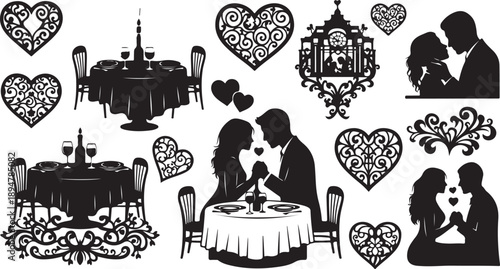 Romantic Valentine's Day couple dining and love icons set
