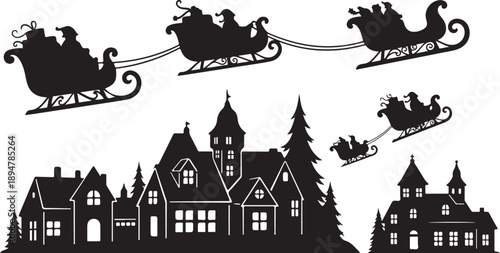 Santa Claus in his sleigh flying over houses at night