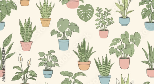 Collection of various potted houseplants in a repeating pattern.