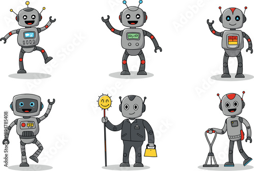 ollection of cute cartoon robots vector illustration showing futuristic AI characters working, cleaning, playing, and performing various technology tasks.