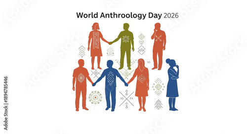 Illustration of diverse people holding hands in a circle for World Anthropology Day 2020 against a clean background with icons.