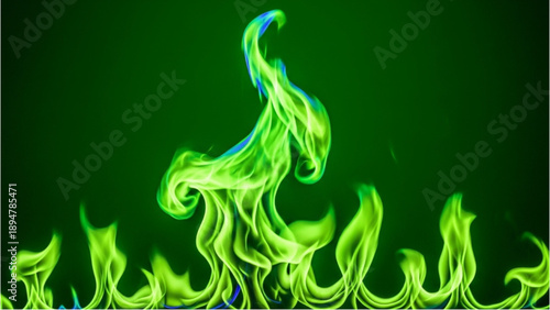 Vibrant green flames rising from the bottom in a dark environment viewed from the front
