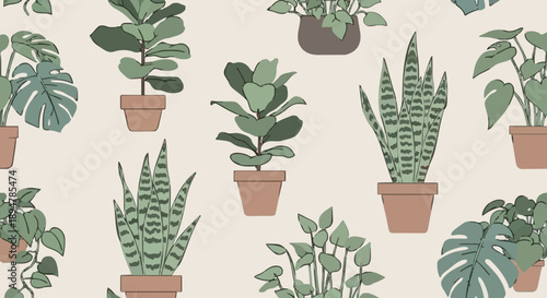 Collection of various potted houseplants in a repeating pattern.