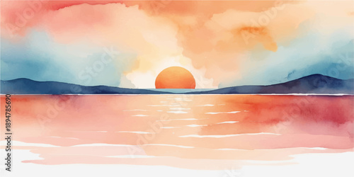 A beautiful orange sunset reflects over the mountains, sea, and lake as the sun dips below the horizon, casting a warm light across the evening sky and clouds