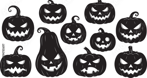Collection of spooky black jack-o-lanterns for Halloween decoration