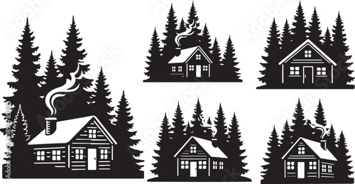 Black and white houses in forest with pine trees