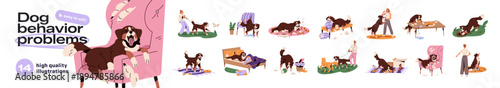 Dog behavior problems set. Naughty puppy is barking, stealing food, chewing things, pulling leash. Mischievous pet makes destroy. Bad obedience of animal. Flat isolated vector illustrations on white