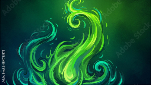 Vibrant green swirling patterns dance across a dark background, creating a mesmerizing digital artwork viewed from a straightforward perspective