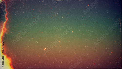 Flames illuminating particles in a dark space with a colorful gradient background viewed from a distant perspective