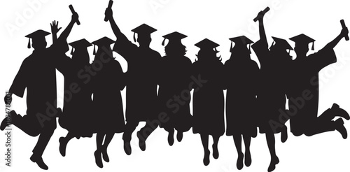 Graduates in caps and gowns jumping with celebration joy