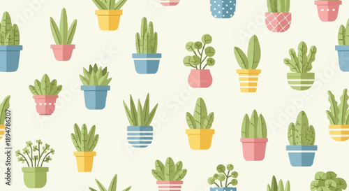 Collection of various potted houseplants in colorful pots.