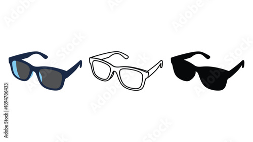 Three pairs of sunglasses in different colors and styles on a white background