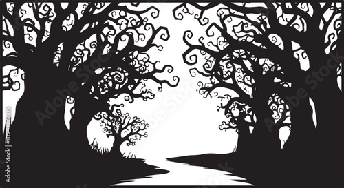 Mysterious black and white forest with twisted tree silhouettes