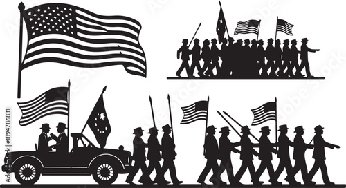 American patriotic silhouettes marching with flags and vehicles