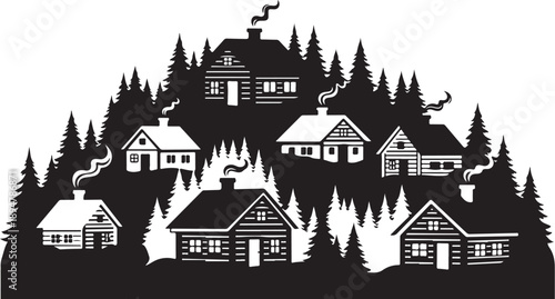 Black and White Illustration of Houses on Snowy Hill