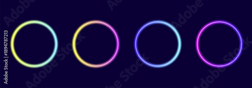 Neon gradient rings with glowing light effects, futuristic portal gateway, vibrant and bright illumination. abstract vector frame composition.