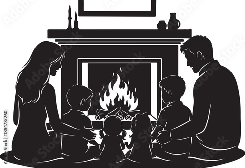 Family sitting together by warm fireplace at home