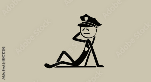 Sad Stick Figure Police Officer Sitting Down Looking Exhausted.