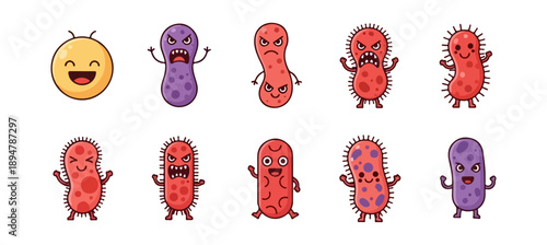Cartoon microorganisms with various expressions isolated on a black background vector illustration
