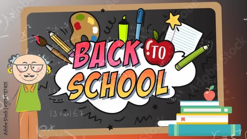 Animation of back to school text over school icons