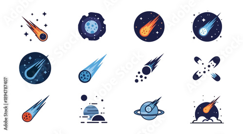 Cosmic illustrations meteor celestial bodies space vector set