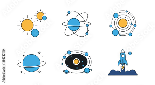 Cosmic illustrations space planets and rocket set against dark background
