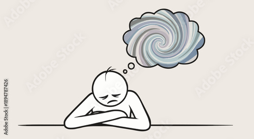 Sad stick figure with swirling thoughts in a thought bubble.