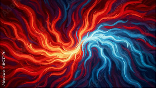 Vibrant abstract waves of red and blue swirling around a radiant center in a dynamic digital illustration