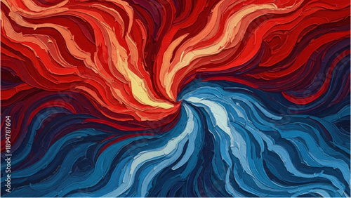 Vibrant swirling patterns of red and blue hues merging in a dynamic abstract illustration