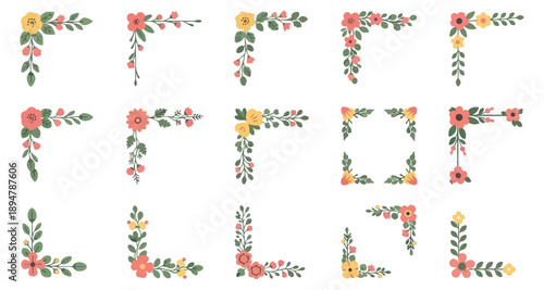 Floral corner elements in various arrangements on black background