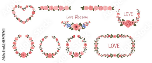 Floral decorations collection roses ribbons and frames vector elements