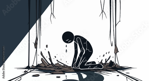 Sad Stick Figure Kneeling in Despair.