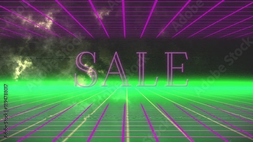 Animated green grid and line move, with static yellow clouds and purple sale sign.