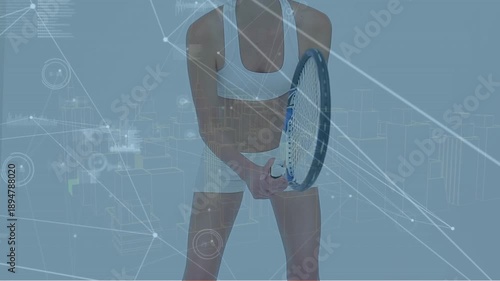 Animation of network of connections over female caucasian tennis player on the court