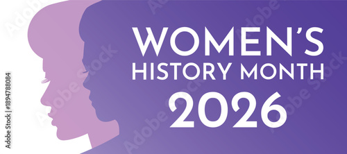 Women's history month 2026 banner. Vector art with female silhouette for social media, placard, backdrop, web design. Woman rights, equality week, day