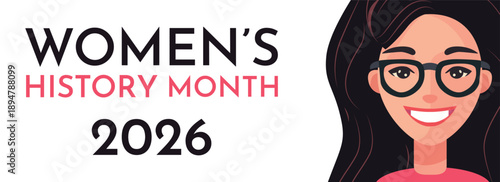 Women's history month 2026 banner. Vector art with female silhouette for social media, placard, backdrop, web design. Woman rights, equality week, day