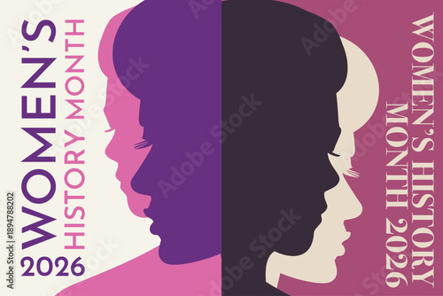 Women's history month 2026 poster pack. Vector arts with female silhouette for social media, placard, backdrop, web design. Woman rights, equality week, day