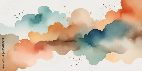An abstract watercolor background of a beautiful blue sky with natural white clouds and bright summer sunlight creates a colorful high atmosphere cloudscape