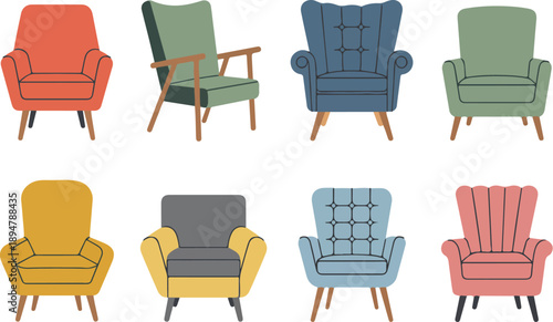 Mid-Century Modern Armchair Vector Set Colorful Upholstery and Wooden Legs