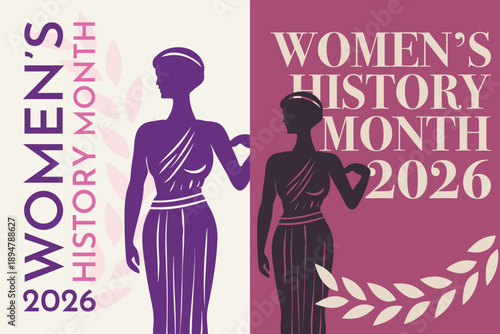 Women's history month 2026 poster pack. Vector arts with female silhouette for social media, placard, backdrop, web design. Woman rights, equality week, day
