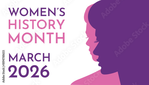 Women's history month 2026 banner. Vector art with female silhouette for social media, placard, backdrop, web design. Woman rights, equality week, day