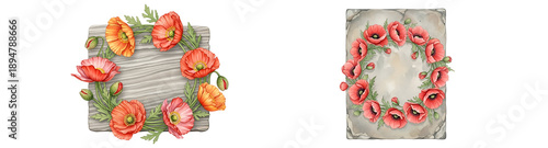 Wallpaper Mural Watercolor Poppy Wreath Frame with Green Leaves isolated on transparent background Torontodigital.ca